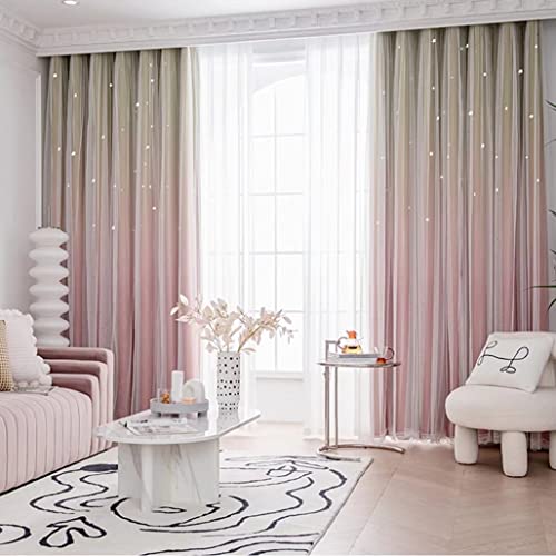 遮光カーテン 姫系 かわいい 二重カーテン おしゃれ 星柄 透かし彫り グラデーション レース付き 姫 一体型 厚手 無地 遮光率90% 1.5倍ヒダ インテリア 断熱 保温 遮熱 遮像 アジャスターフック付き オーダー可能 上品 人気 マンション 女の子