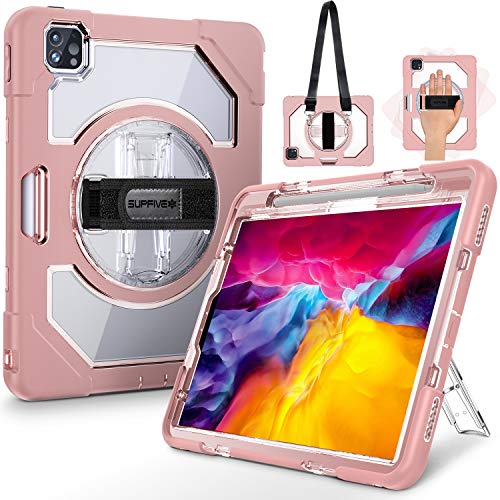 🔥 Hot Deals SUPFIVES iPad Pro 11 Case 2020 & 2018, [Military Grade 15ft Drop Tested] Clear Back Heavy Duty Rugged Protective Case Soft Silicone Bumper + Apple Pencil Holder + Stand + Handle/Shoulder Strap - Pink