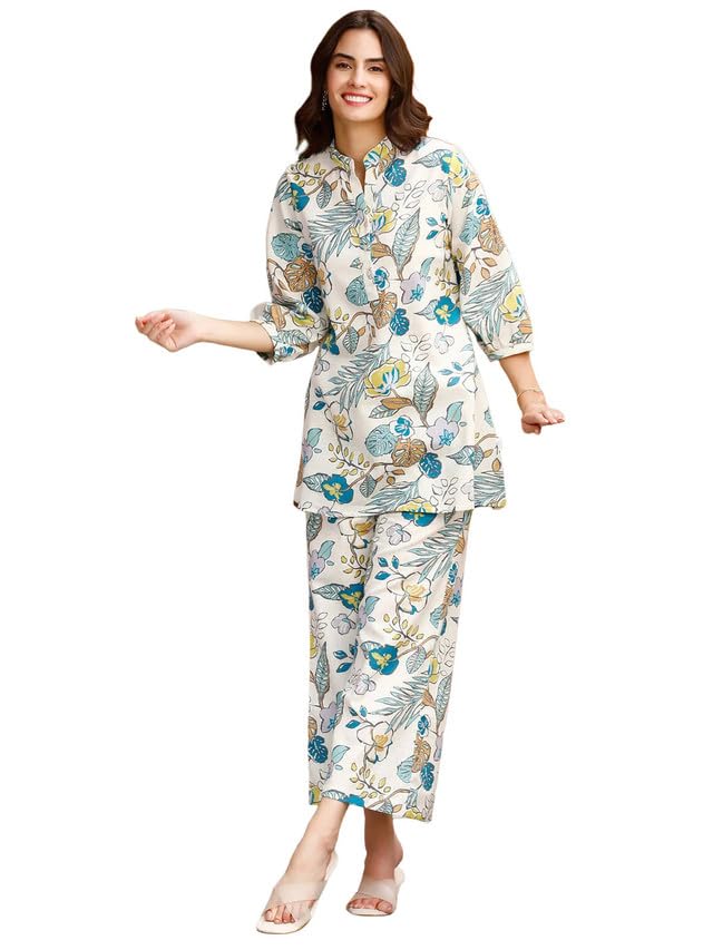 Selvia Women's 3/4 Sleeve Poly Rayon Henley Neck 2 Piece Co-Ords Set (582Ctk7923N-Xl_Off White & Multi)