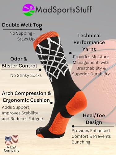 MadSportsStuff Crew Length Elite Basketball Socks with Net (Black/Orange, Medium)