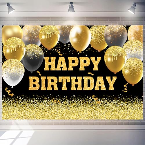 Image of Happy Birthday Decorations Backdrop 8 x 6 ft Golden Happy Birthday Banner Large Birthday Party Background for Men Women Kids Photo Shoot Supplies (Black, 8 * 6 ft)