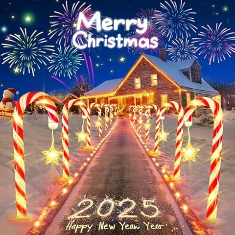 Christmas Decorations Solar Lights Outdoor: 24 Pack 144 LED Solar Christmas Lights Outdoor Waterproof, 8 Modes Solar Powered Candy Cane Lights for Pathway Yard Garden Porch Patio Holiday Xmas Decor Cover