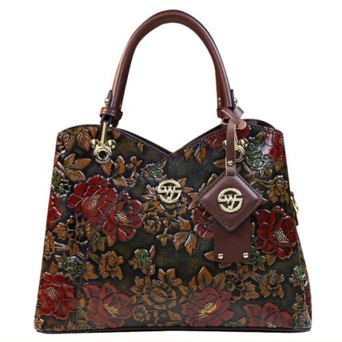 Bolso retro para mujer, bolso de cuero de flor de lujo, bolsa de madre de edad media, bolso de mano superior con cremallera, gran capacidad para el uso diario, rojo