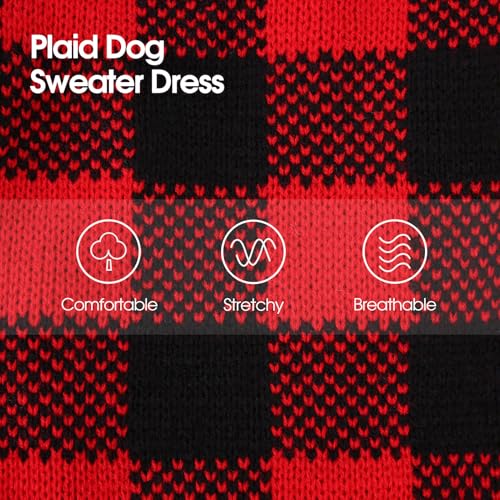 Image of Dog Sweater Dress Plaid Knitwear for Small Medium Dogs Warm Puppy Pet Turtleneck Stretch Pullover Cute Fall Winter Vest Clothes with Leash Hole for Christmas (Red, 2XL)