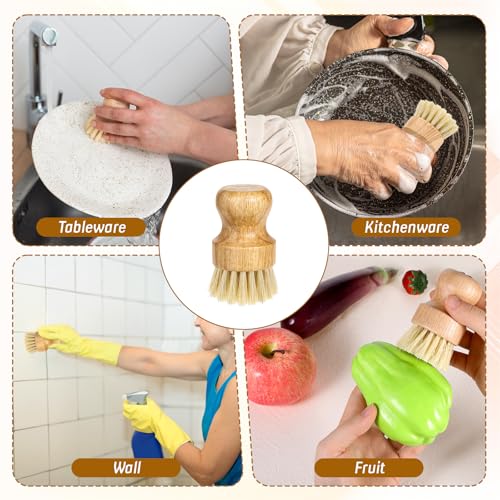 Image of 12 Pcs Bamboo Dish Scrub Brushes Kitchen Dishwashing Cleaning Brush Wooden Scrubbers Set Sisal Bristles Cleaner Scrubber for Washing Cast Iron Pan Pot Sink Spatula
