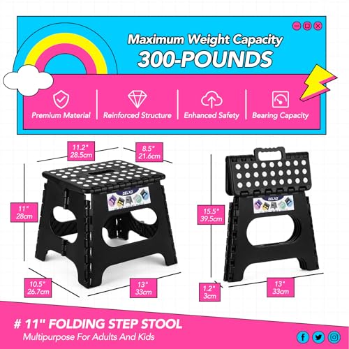 Image of Delxo Folding Step Stool 11 inch 2 Pack,300 Lbs Step Stool for Kids&Adults | Foldable Step Stool,Non-Slip Foot Stools with Handle Lightweight Collapsible stools for Kitchen,Bathroom,Bedroom,Garden Black