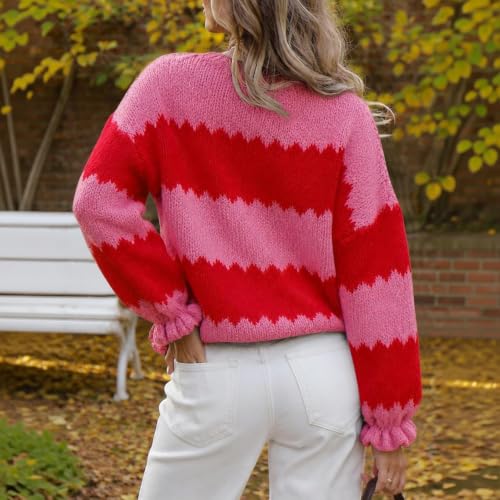 Striped Sweater Women Color Block Ruffle Long Sleeve Sweater Pullover Tops - image 3