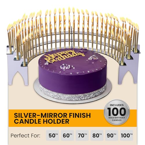 Celebration Stadium Silver-Mirror Finish Candle Holder for Milestone Birthday, Candlestick Holder, Table Decor for 40th, 50th, 60th, 70th, 75th, 80th, 90th, 100th, Includes 100 Gold Birthday Candles