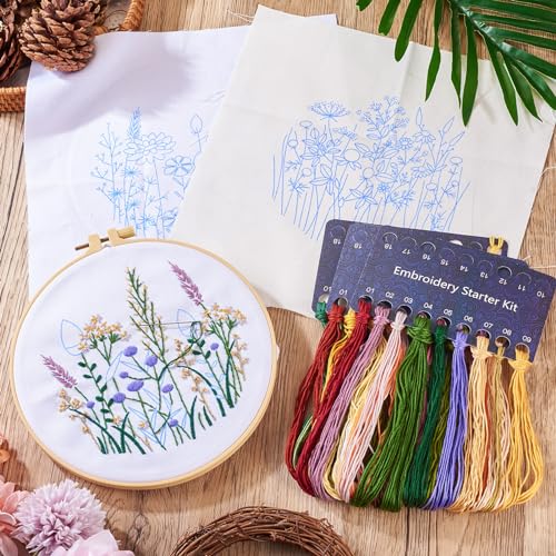 Image of Magibeads 3 Set Flower Leaf Water Soluble Embroidery Starter Kit - Cross Stitch Patterns - Crochet Kit with Embroidery Thread Fabric - Instruction - Knitting Kit for Adults - Sewing Gifts