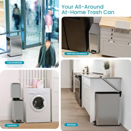 Image of Home Zone Living 8 Gallon Kitchen Trash Can with Slim Fit Design | Stainless Steel with Soft-Close Step Pedal Lid, Bag Tuck Band for Easier Bag Changes, Rectangular Shape, Silver