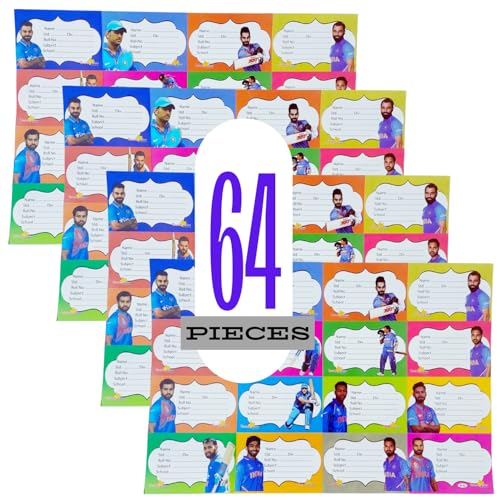 Image of Name Stickers for Notebooks & Books - Pack of 64 Durable Labels | School Stationery Essentials | Name Slips & Book Labels (Cricketer)