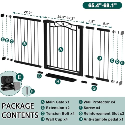 Image of Fairy Baby 65.4 inch-68.1 inch Extra Wide Baby Gate with Door, 66 67 68 Inches Walk THR Baby Gates for Stairs Pressure Mounted no Drill, Indoor Tension Metal Child Pet Dog Safety Gate for Kids, Black