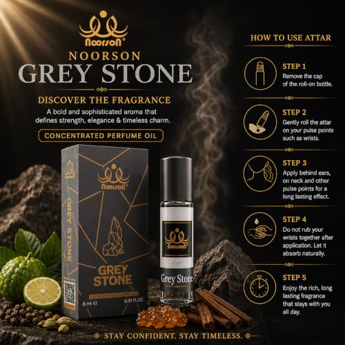 Image of Noorson Grey Stone Attar 6ml | Long Lasting Alcohol-Free Perfume Oil for Men & Women | Premium Natural Ittar Fragrance | Roll-On Concentrated Attar | Daily Wear & Special Occasion Scent | Travel Friendly Bottle