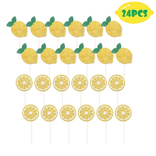 Oskal 24Pcs Glitter Lemon Cupcake Toppers Fruits Theme Party, Lemonade Party Decor, Summer Cupcake Toppers, Main Squeeze Party Decorations Tutti Frutti Cupcake Topper #TOP2