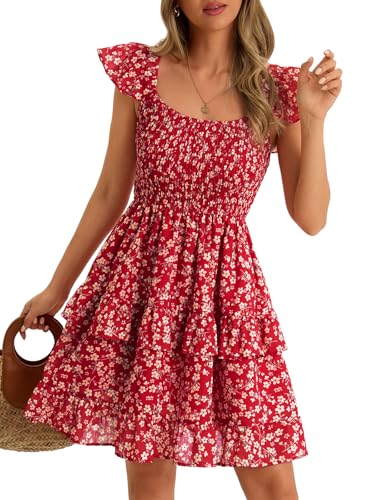 Image of Fessceruna Womens Summer Ruffle Dresses Elastic Empire Waist A-line Layered Swing Flowy Mini Dress