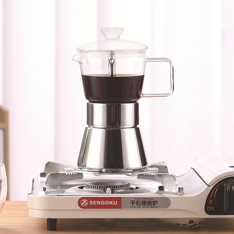 High Borosilicate Glass Top Stove Espresso Mocha Pot, Double Valve Stainless Steel, Classic Italian Coffee Machine, 240ml/8.2oz (4/6 Cup)