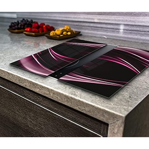Hob Cover Induction Electric Cooker Chopping Board Glass Purple Abstract on the Black Background, VA Art Glass (2x wide 30 x height 52 /cm) Cover