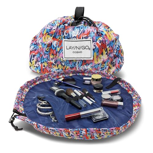 Lay-n-Go Cosmo Layflat Drawstring Cosmetic & Makeup Bag Organizer w/Zipper Pocket Brush Loops & More Cinch to Close Lay Flat to Use Durable Machine Wash Travel Toiletry Bag (20 Love)