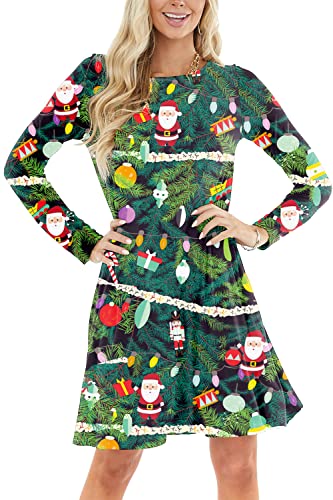 Deerose Christmas Dress for Women 3D Print Xmas Tree Party Holiday Ugly Funny Outfit L