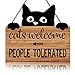 LHIUEM Funny Cat Welcome Sign, Cats Welcome People Tolerated Kitty Kitten Footprint Wooden Plaque, 10X11 inches Black Cat Decor, Funny Wooden Hanging Sign for Pet Shop Home Decor,Cat Lover Gifts