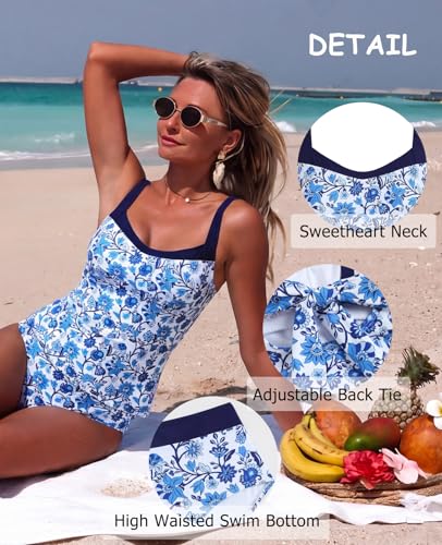 ZAFUL Womens Swimsuits Tummy Control Retro High Wasited 2 Piece Bathing Suit Modest Tankini Swimwear 2026, Floral, S — view 4