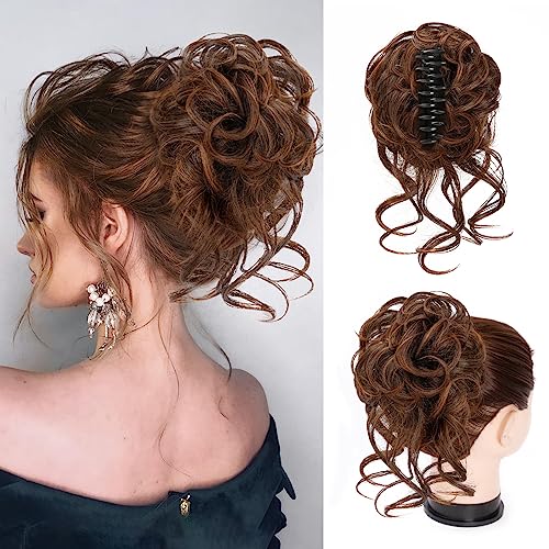 Foaoit Women's Synthetic Fiber Messy Bun Clip-in Hair Extensions, Black Brown mix Light Auburn