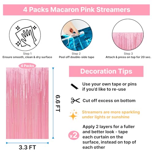 Image of 4 Pack Macaron Pink Foil Fringe Curtains, 13.2x6.6ft Streamers Backdrop for Girls Princess Birthday, Easter, Bachelorette, Bridal Shower, Wedding, Baby Shower| Pastel Pink Streamers Party Decorations