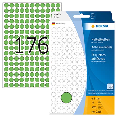 HERMA 2215 Punktaufkleber Klebepunkte grün, 5632 Stück, Ø 8 mm, 176 pro Bogen, selbstklebend, Markierungspunkte für Kalender Planer Basteln, matt, blanko Papier Farbpunkte Aufkleber