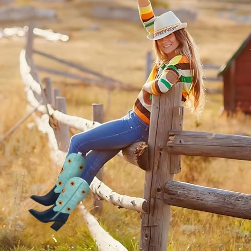 Women's Western Cowboy Boots Mid Calf Cowgirl Boots Chunky Heel Zipper Square Toe Embroidered Sunflower Fashion Boots 6