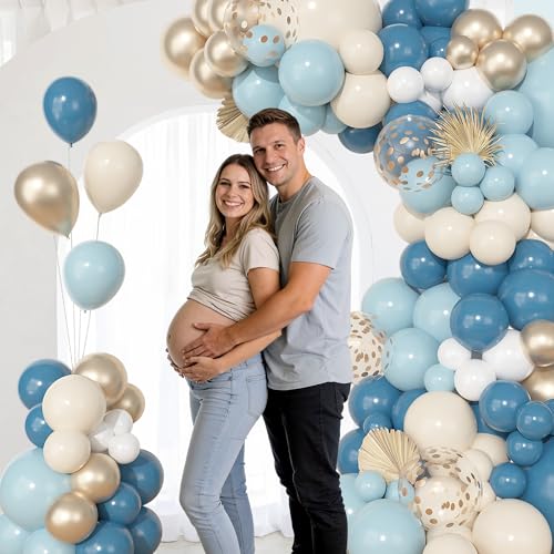 Image of Ouddy Life 157 Pcs Dusty Blue Balloons Garland Arch Kit, Fog Pastel Slate Blue Sand White Champagne Gold Confetti Balloons Different Size for Boho Bridal Baby Shower Birthday Wedding Party Decorations
