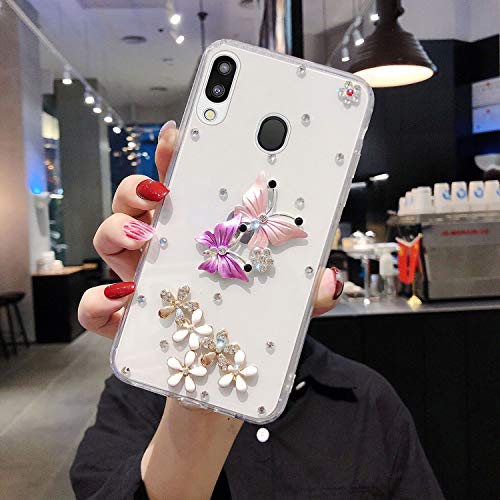 JAWSEU Case Compatible with Galaxy M20, Bling Diamond 3D Shiny Glitter Butterfly Design Transparent Crystal TPU Silicone Ultra Thin Slim Soft Gel Rubber Bumper Girls Phone Protective Case,Purple*