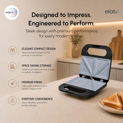 Image of Wipro Elato BS102 Signature 800W Toast Sandwich Maker|Ceramic Coated Plates|BPA Free|PTFE, PFAS & PFOA Free|Auto Temperature Control|Cool Touch Handle|Fits 2 Regular Bread Slices|2 Year Warranty