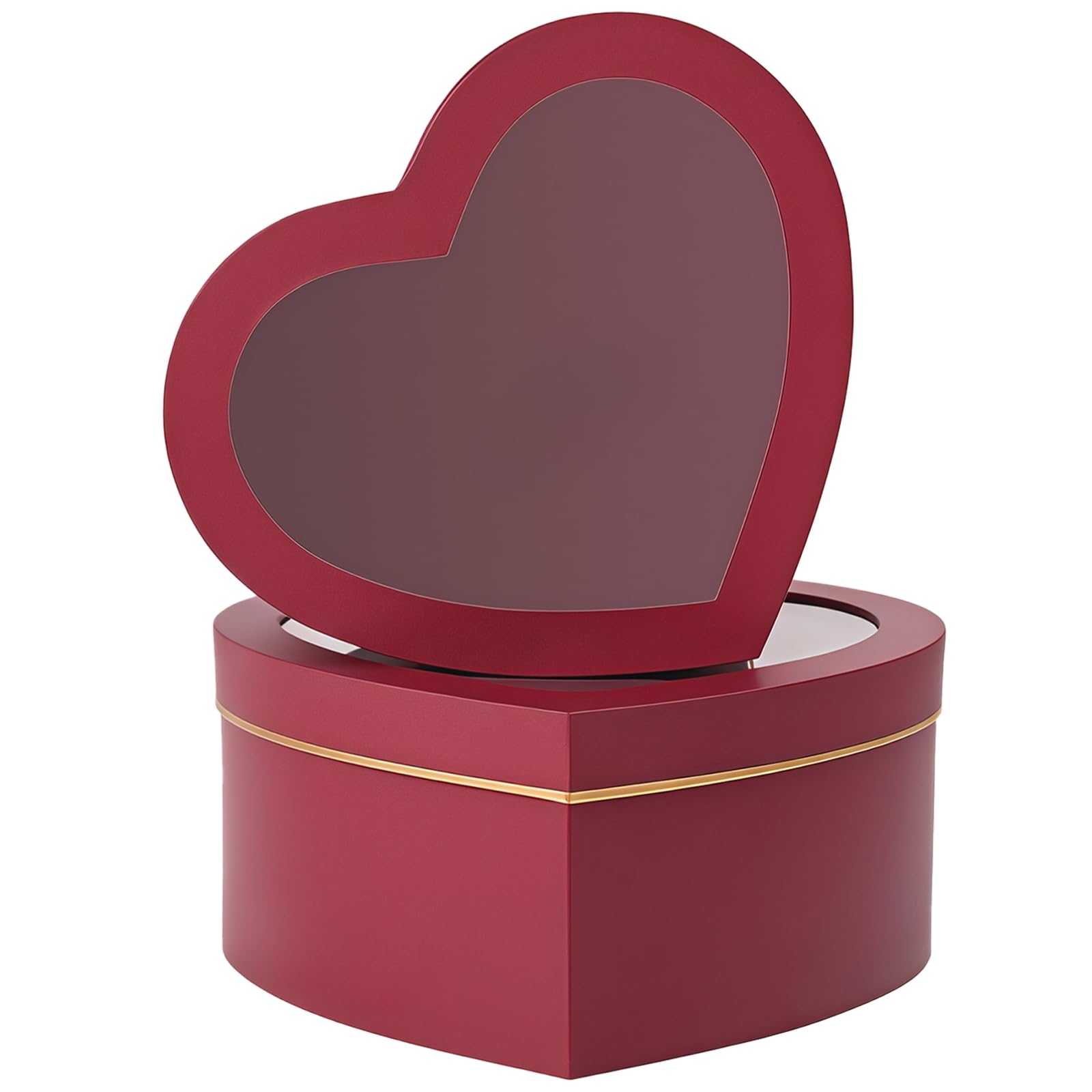 2 Stück Herzförmige Blumen Geschenkboxen mit Deckel, für Valentinstag, Geschenkschachteln für Geschenke und Blumen, weinrot, Pappboxen mit transparentem Fenster, Goldrand
