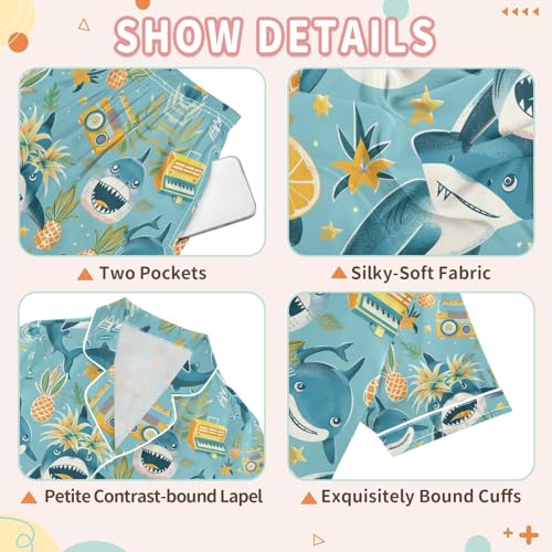 senya Pineapple Shark Satin Summer Pajama Sets Silk Short Sleeve Button Down Sleepwear3