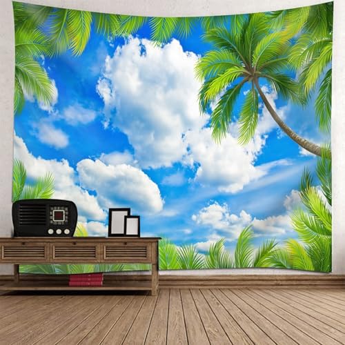 Aotiwe Tapiz de habitación bohemio divertido para dormitorio para hombres, cielo y nubes, palmeras, paisaje, azul y verde, lindo tapiz de otoño, 83 x 55 pulgadas