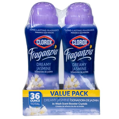 Clorox Fraganzia Laundry Scent Booster Crystals, In-Wash Fragrance Beads for Fresh-Smelling Clothes & Linens, Safe for All Fabrics & Colors, Easy-Pour Bottle, Dreamy Jasmine Scent, 18 Oz, 2 Pack