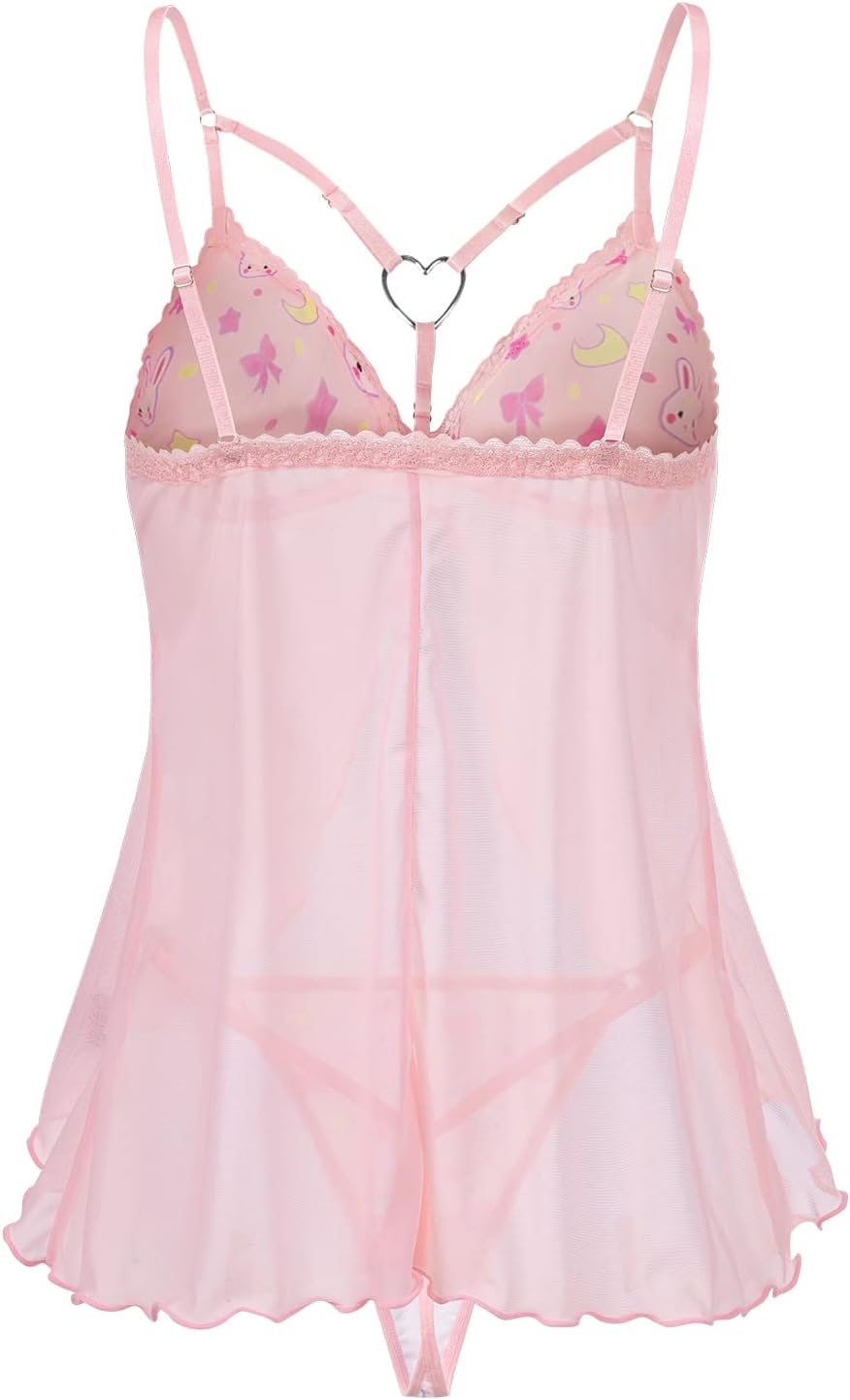 Littleforbig Women Nightwear Lace Babydoll Strap Chemise Halter Lingerie V Neck Sleepwear - Usagi Moon Teddy Friends - Image 5