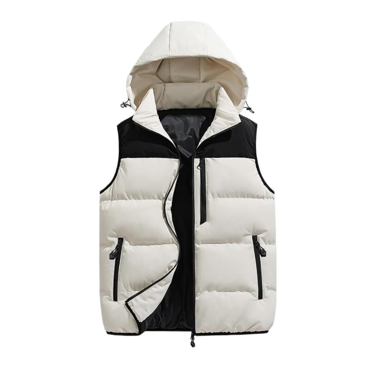 Ciepłe Kurtki Męska Kamizelka Puchowa Z Kapturem, Gruba Kurtka, Bez Rękawów, Na Co Dzień, Ciepła, Bawełniana Kamizelki Zimowe(Beige,Large)