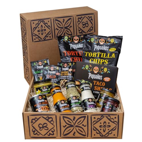 Piquaños Geschenkbox – Mexikanischer Geschenkkorb mit 13 Spezialitäten | Taco Box mit Saucen, Dips, Gewürzen & Chips | Geschenkset für Tacos, Nachos & mexikanische Küche - Präsentkorb mit Delikatessen