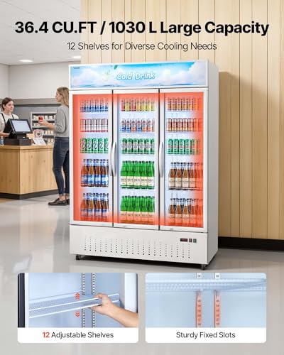 Image of VEVOR Commercial Merchandiser Refrigerator, 36.4 Cu.Ft / 1030L Upright Beverage Cooler, 3 Glass Door Display Refrigerator with Customizable Lightbox, 12 Adjustable Shelves, Soft LED Lighting & Casters