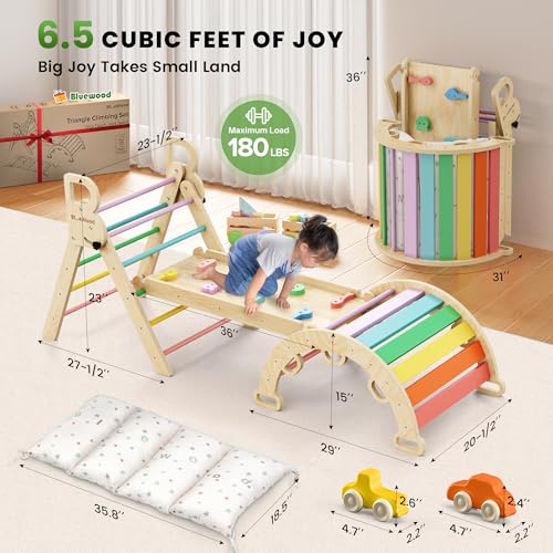 bluewood pikler triangle set with cushion - climbing toys for toddlers 9-in-1 montessori philosophy play jungle gym with arch ramp ladder rainbow