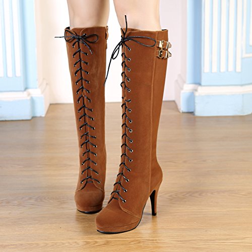 Image of getmorebeauty Womens Knee High Boots Suede Buckle Rock Lace Up Zipped Thigh High Heel Boots