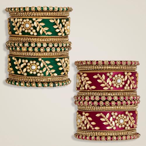 Image of Peora Silk Thread Kundan & Stone Studded Chuda Bangles Set Gift for Women