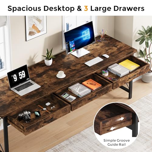 Condemo 78.7 inch Extra Long Computer Desk with 3 Drawers, Two Person Office Desk, Double Desk with Hooks, Industrial Writing Study Table Workstation for Home Office, Rustic Brown and Black - Thumbnail 4