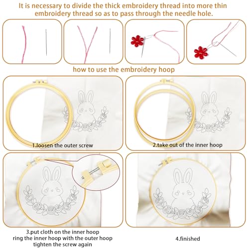 Image of BEUNITONE 6Pcs Easy Embroidery Kit for Adults Beginners, Simple Cross Stitch Starter Set for Beginners, Cute Animal Rainbow Butterfly DIY Craft Activity for Home Decor and Festival Gifts 20x20cm