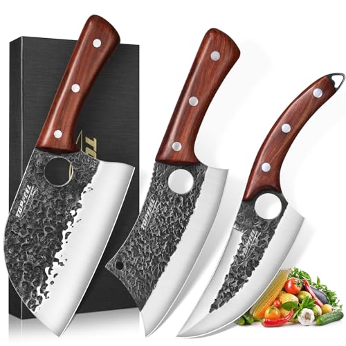 Comparison: Best Knife For Grilling 9 Topfeel 3PCS Butcher Knife Set, Hand Forged Serbian Chef Knives & Meat Cleaver & Viking Knives, Meat Cutting Kitchen Knife Set for Home, Outdoor Cooking, Camping BBQ Gift Idea Men