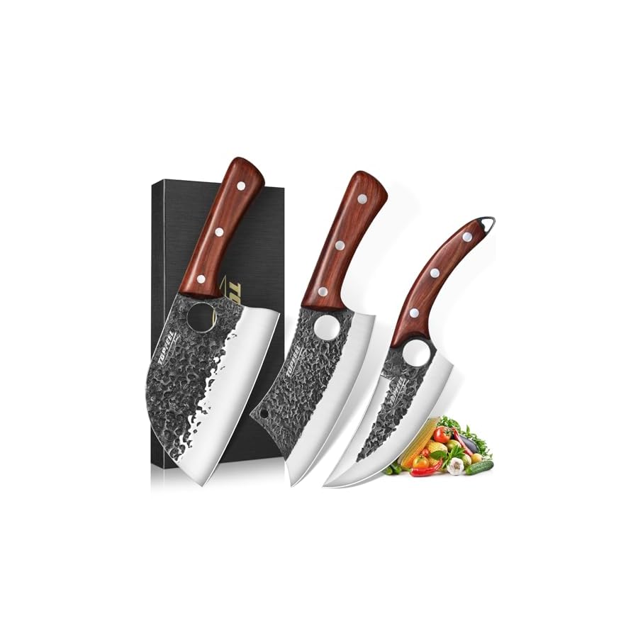 Topfeel 3PCS Butcher Knife Set, Hand Forged Serbian Chef Knife & Meat Cleaver Knife & Viking Knives, Meat Cutting Kitchen Knife Set for Home, Outdoor Cooking, Camping BBQ Gift Idea Men