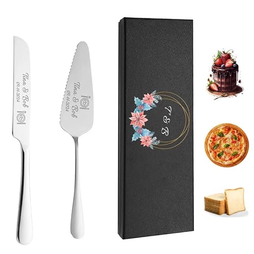 toyofmine Juego de corte de tartas para boda juego de cuchillo y servidor de pastel juego de servir pasteles personalizado cortador de pizza grabado de aniversario de cumpleaños