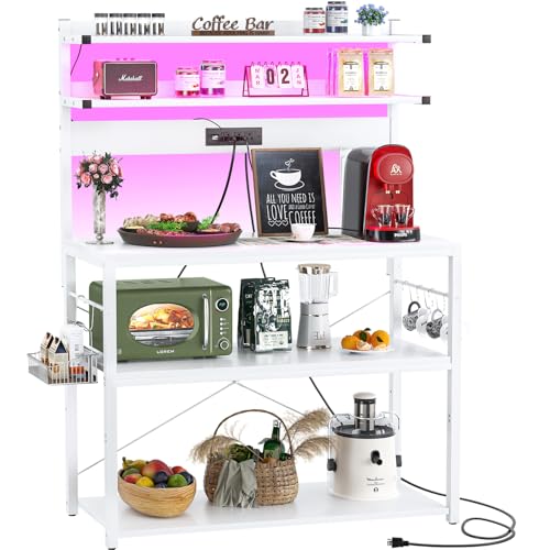 Image of Aheaplus Bakers Rack with Power Outlet, Microwave Stand, 5 Tiers Coffee Bar Station with Led Lights, Kitchen Storage Shelf with 6 S-Shaped Hooks, Kitchen Rack Coffee Bar Stand, White