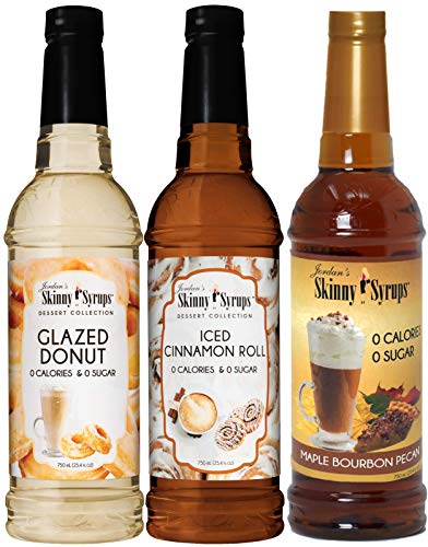 Jordan's Syrups Sugar Free Dessert Trio, Glazed Donut, Cinnamon Roll, And Maple Bourbon Pecan 750 Ml (Pack Of 3) With By The Cup Coasters #TOP2